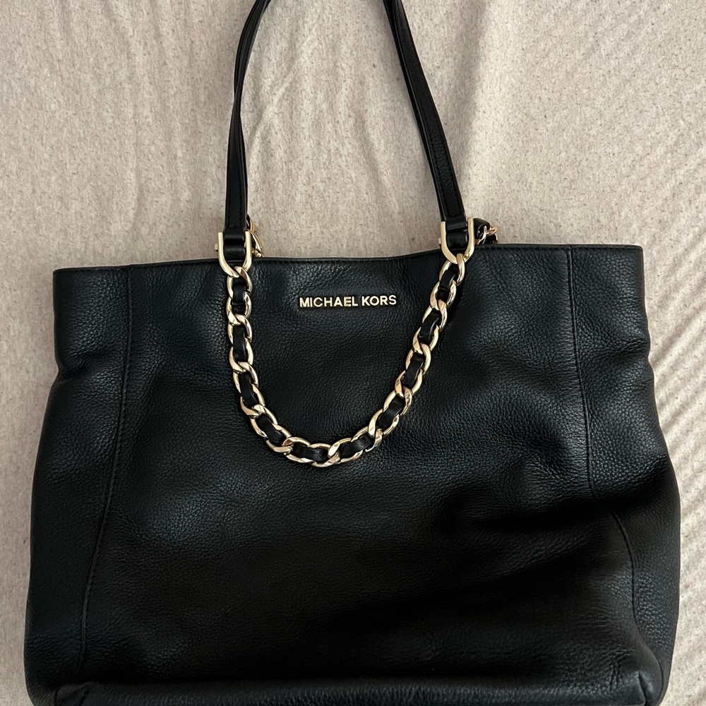 Michael Kors Black Leather Tote with Gold Chain Detail